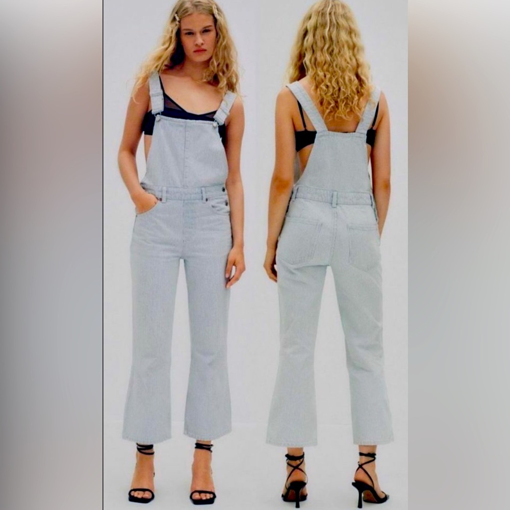 Zara Light Blue Pinstripes Denim Overalls with Adjustable Straps and Relaxed Fit
